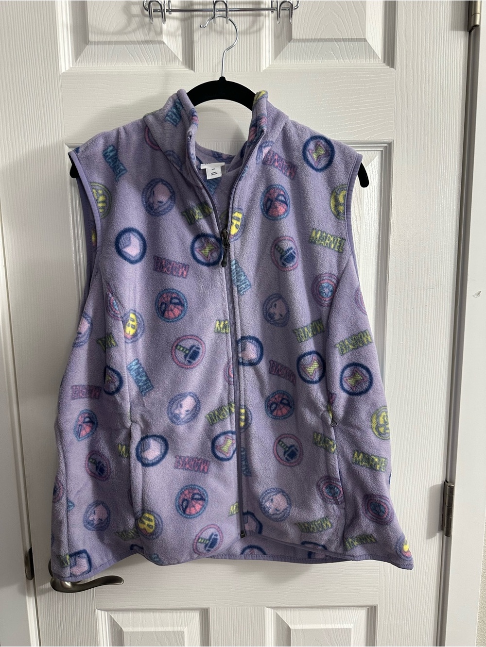 Amazon Essentials Lavender Fleece Vest with Multicolor Marvel Icons